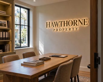 May include: A conference room featuring a wooden table with books and a tray, surrounded by four upholstered chairs. On the wall, the text HAWTHORNE PROPERTY is displayed in large, backlit, gold-toned dimensional lettering.