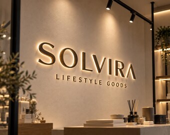 May include: A wall-mounted sign featuring the gold-colored, backlit 3D lettering SOLVIRA with the text LIFESTYLE GOODS underneath. The sign is displayed in a retail environment with shelves containing various home decor items.