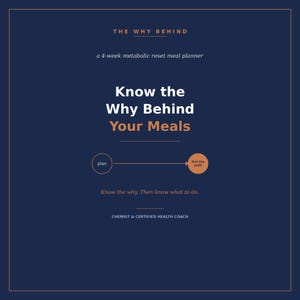 Puede incluir: Un gráfico rectangular azul oscuro con texto en naranja y blanco que dice The Why Behind a 4-week metabolic reset meal planner, Know the Why Behind Your Meals, plan, feel the shift, Know the why. Then know what to do y Chemist & Certified Health Coach.