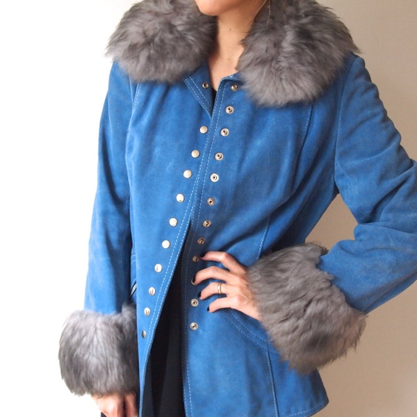 ON HOLD vintage 70s blue suede and faux fur jacket