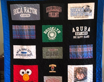 May include: A quilt made from a variety of t-shirts, featuring logos and designs such as "Boca Raton Florida", "Muhlenberg College", "Brooklyn Basketball", "Surf East Hampton", "Aruba Est. 1499 One Happy Island", "New York City Athletics Dept", "Soccer Quarterfinals", and "My Heart Belongs To Bumpa".