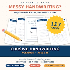 Pode incluir: Um caderno de exercícios de caligrafia cursiva intitulado Scribble Tots Messy Handwriting com 117 páginas de folhas de prática, junções de letras e exercícios de palavras. Inclui um gráfico de estrela amarela, um lápis amarelo e 26 flashcards.