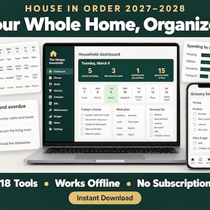 May include: A digital household organisation system displayed on a laptop and smartphone, featuring a dashboard with chore, meal, and budget trackers. The interface includes a weekly calendar, grocery lists, and spending charts with text reading House in Order 2027-2028.