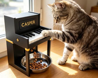 Upright Piano Feeder: 3D Printed Cat Snack Dispenser with Stainless Steel Bowl