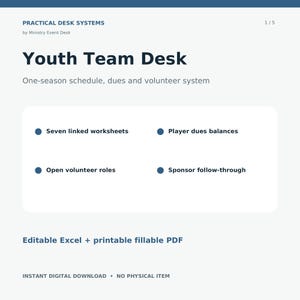 以下が含まれることがあります： Ministry Event DeskによるPractical Desk Systemsというタイトルのデジタルドキュメント。シーズンごとのスケジュール、会費、ボランティアシステムのためのYouth Team Deskが記載されています。7つのリンクされたワークシート、プレイヤーの会費残高、募集中のボランティアの役割、スポンサーのフォローアップが含まれており、編集可能なExcelおよび印刷可能な入力用PDFとして提供されています。