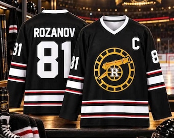Rozanov Hockey Jersey, Rozanov 81 Hockey Shirt, Gold Red Black V-Neck Long Sleeve