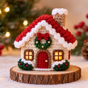 Könnte beinhalten: Ein gehäkeltes Haus-Ornament mit rotem Dach und weißem Rand, einem beigen Schornstein und cremefarbenen Wänden. Das Haus hat eine rote Tür, zwei leuchtende Fenster, einen grünen Kranz mit roter Schleife sowie grüne Büsche mit roten Beeren.