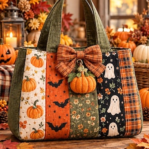Patrón de costura en PDF para bolso de Halloween, patrón de bolso de calabaza patchwork, patrón de costura DIY para otoño, tutorial para bolso de Halloween, descarga digital