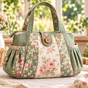 May include: A handbag featuring a sage green and cream floral fabric pattern with pleated side pockets, two top handles, a zippered closure, and a central tab secured by a single brown wooden button on the front exterior panel.