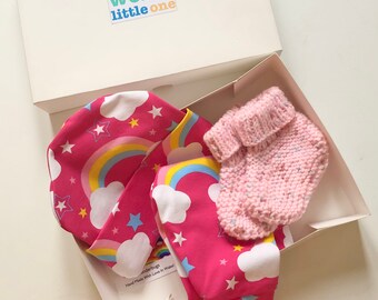 Newborn Baby Set, Pink Rainbow. Hat, Leggings & Booties