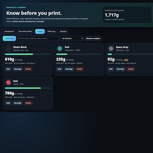 May include: A dark-themed software interface titled Spoolfit Studio displaying a filament management dashboard. It features cards for Matte Black, Teal, Space Gray, and Red spools with weight indicators in grams, material types, and edit buttons.