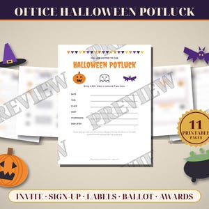 May include: A printable Halloween potluck invitation template featuring orange, purple, and black graphics including a pumpkin, ghost, and bat. The document includes fields for date, time, place, host, and sign-up details, with a gold badge stating 11 printable pages.