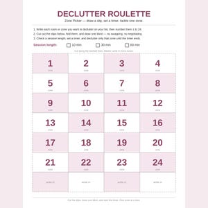 Declutter Roulette Zone Picker Printable, Random Declutter Game, 24 Cut-Out Zone Slips + Done Log, 10 30 60 Min Sessions (Digital Download)