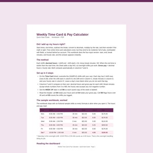 Op de afbeelding: Een document getiteld Weekly Time Card & Pay Calculator, met een snelstartgids, instructies voor het berekenen van decimale uren en brutoloon, een installatie in vier stappen en een voorbeeldtabel met dagelijkse diensten.
