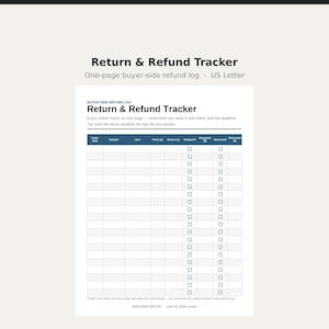 May include: A Return & Refund Tracker document template on US Letter paper. The form features a dark blue header with columns for order date, retailer, item, price, return by, shipped, expected, received, and refunded, with checkboxes for tracking.