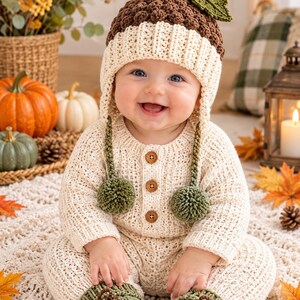 Crochet Baby Acorn Outfit Set - Knit Romper & Fall Beanie