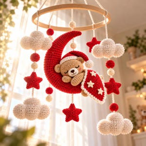 Christmas Crochet Baby Mobile Pattern Nursery Decor Bear Moon Star Cloud Amigurumi Newborn Gift Holiday PDF