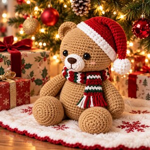 Könnte beinhalten: Ein gehäkelter beigefarbener Teddybär mit einer rot-weißen Weihnachtsmütze und einem rot-grün-weiß gestreiften Schal. Der Bär hat schwarze Kunststoffaugen, eine braun gestickte Nase und eine weiße Schnauze. Er sitzt auf einer weißen Unterlage mit Schneeflocken.