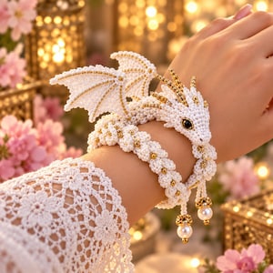 May include: A white crocheted dragon bracelet featuring intricate gold bead accents, a detailed head with dark eyes, and textured wings. The body of the dragon wraps around the wrist, ending in two dangling gold-toned charms with white pearls.