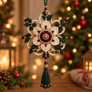 Macrame Christmas Snowflake Ornament, Boho Floral Tree Decor with Tassel