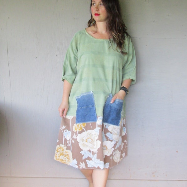X Large 1 X 2 X plus size oversize upcycled summer dress Boho frock Eco clothing Romantic wearable art Farm girl dress by LillieNoraDryGoods