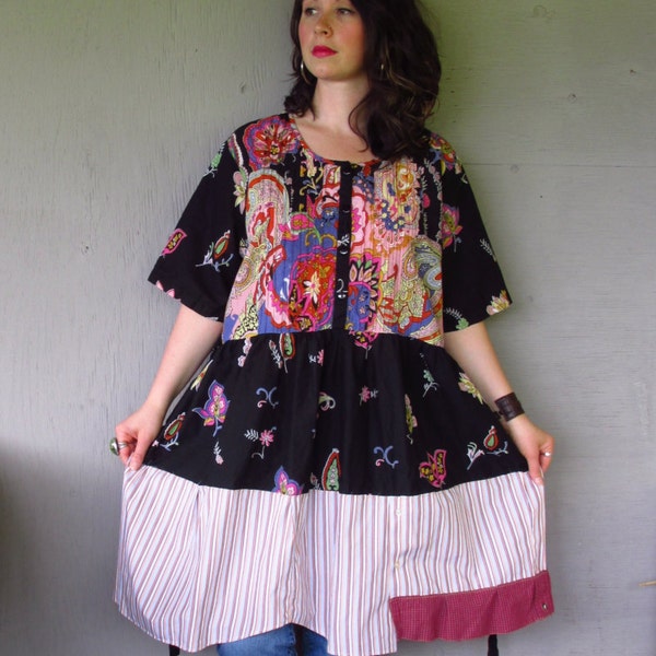 upcycled clothing/plus size Funky dress/Romantic dress/Bohemian dress/Eco summer dress/Artsy Frock X Large-1X-2X