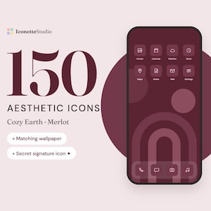 May include: A digital display of 150 aesthetic icons in a merlot color palette. The text reads IconetteStudio 150 AESTHETIC ICONS Cozy Earth Merlot + Matching wallpaper + Secret signature icon. A smartphone screen shows a dark red interface.