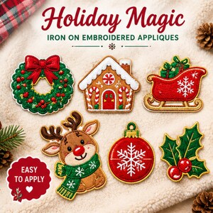 May include: Six iron-on embroidered appliques featuring holiday designs: a green wreath with a red bow, a gingerbread house, a red sleigh, a reindeer with a green scarf, a red ornament with a white snowflake, and holly leaves with red berries.