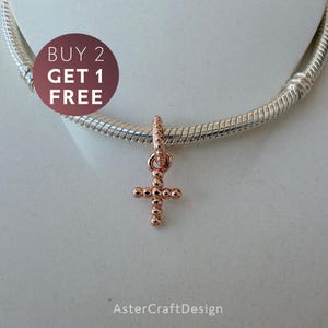 Rose Gold Beaded Cross Dangle Charm, Faith Religious Cross Pendant Charm, Fits Pandora Charm Bracelet, Christian Stacking Charm