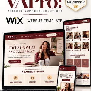 Può includere: Una visualizzazione digitale di un modello di sito web VAPro Virtual Support Solutions mostrato su un laptop, uno smartphone e uno schermo di tablet verticale. Il design presenta una combinazione di colori bordeaux e crema con il testo Focus on What Matters Most.