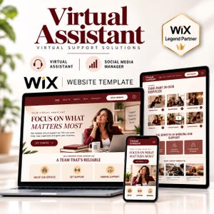 May include: A Wix website template for a virtual assistant service displayed on a laptop, tablet, and smartphone. The design features a maroon and white color scheme with text including Virtual Assistant, Focus on What Matters Most, and Wix Legend Partner.