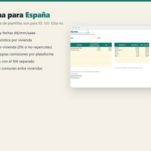 May include: A digital spreadsheet template for Spain featuring the text Hecha para Espa&ntilde;a. It includes a list of features with checkmarks, such as Euros and dd/mm/yyyy date formats, tourist tax, VAT, platform commissions, and expense tracking categories.