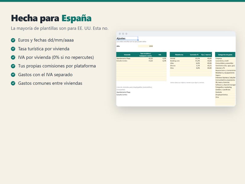 May include: A digital spreadsheet template for Spain featuring the text Hecha para Espa&ntilde;a. It includes a list of features with checkmarks, such as Euros and dd/mm/yyyy date formats, tourist tax, VAT, platform commissions, and expense tracking categories.
