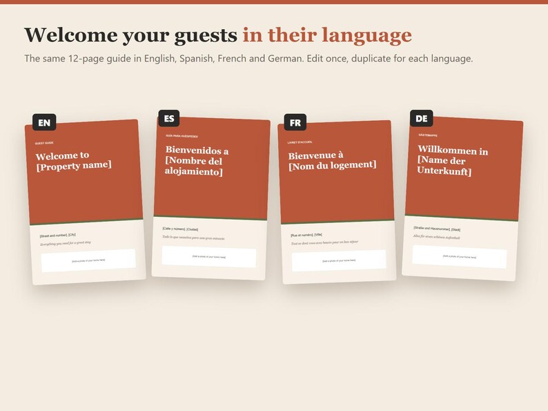 May include: A digital graphic displaying four rectangular guest guide templates in English, Spanish, French, and German. Each template features a rust-orange header with white text, a cream-colored lower section, and language-specific labels.