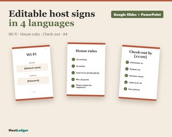 Editable Holiday Rental Host Signs, Wi-Fi, Rules, Check-out (4 Languages, A4 Printable)