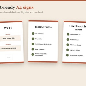 May include: Three A4 signs with orange borders featuring black text. The first sign displays Wi-Fi network CasaLumen_5G and password sunny-terrace-2026. The second lists house rules. The third sign outlines check-out instructions by 11:00.