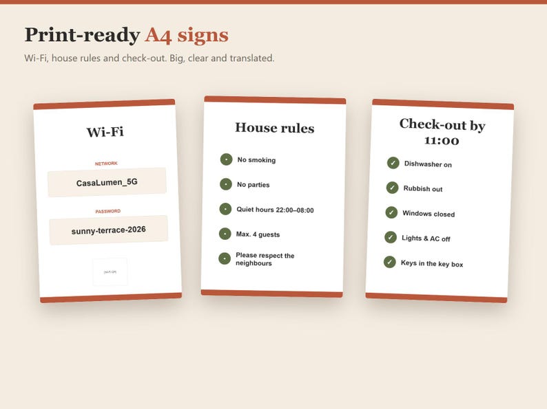 May include: Three A4 signs with orange borders featuring black text. The first sign displays Wi-Fi network CasaLumen_5G and password sunny-terrace-2026. The second lists house rules. The third sign outlines check-out instructions by 11:00.