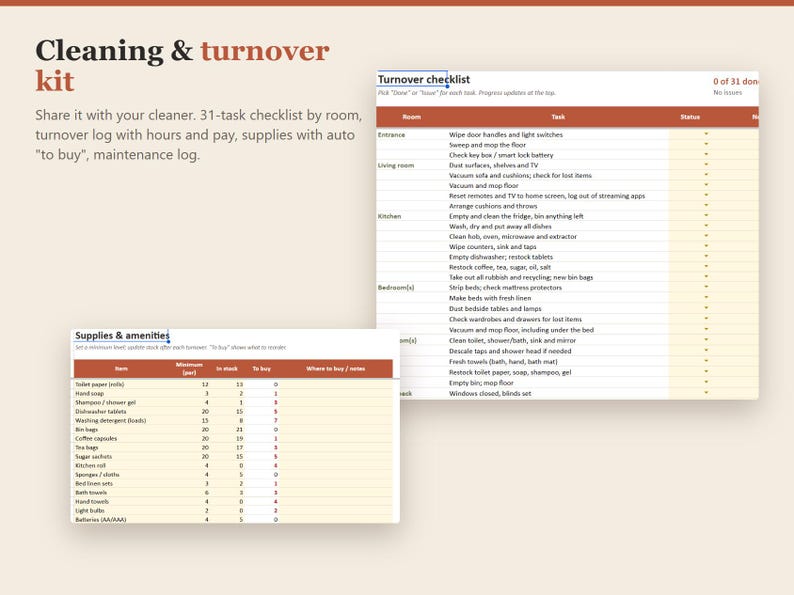 May include: A digital cleaning and turnover kit featuring a 31-task checklist and a supplies and amenities log. The document includes tables with columns for room, task, status, minimum, in stock, and to buy, organized with rust-colored headers.