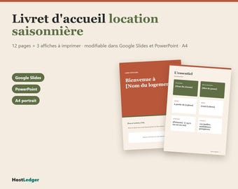 Livret d'accueil location saisonnière modifiable, affiche Wi-Fi et règlement intérieur (Google Slides, PowerPoint)