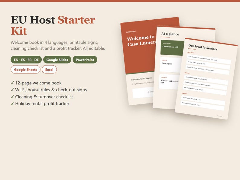 Airbnb Welcome Book Template in 4 Languages, Host Starter Kit, House Rules & Wifi Sign, Cleaning Checklist, Google Slides and PowerPoint image 1