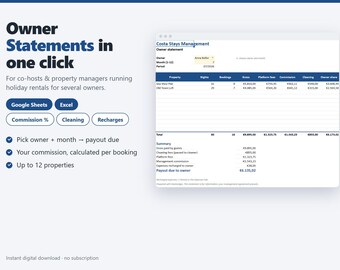 Co-Host Owner Statement Template, Airbnb Property Management Commission Tracker, Google Sheets & Excel, Holiday Rental Payouts