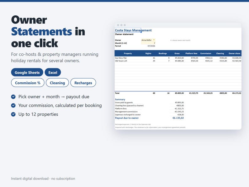 Co-Host Owner Statement Template, Commission Tracker for Holiday Rentals (Google Sheets, Excel) image 1