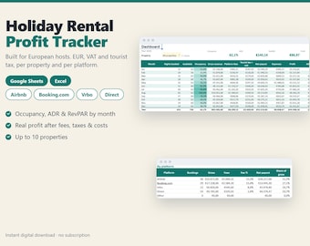 Airbnb Profit Tracker for EU Hosts, Google Sheets & Excel, Holiday Rental Income Expense Spreadsheet, Occupancy ADR RevPAR, VAT