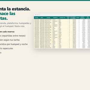 May include: A digital spreadsheet interface displaying reservation data including dates, property names, booking platforms, guest names, and financial columns. To the left, text in Spanish reads: Apunta la estancia. Ella hace las cuentas.