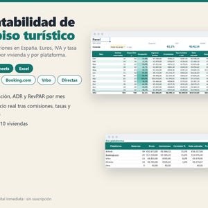 May include: A digital spreadsheet template for tracking vacation rental profitability in Spain, featuring tables for monthly occupancy, revenue, and expenses, with buttons for Google Sheets, Excel, Airbnb, Booking.com, Vrbo, and direct bookings.