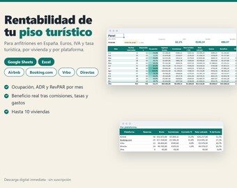 Plantilla Excel y Google Sheets Piso Turístico, Control de Ingresos y Gastos Airbnb, Booking, IVA y Tasa Turística, Rentabilidad