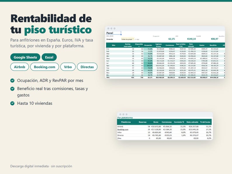 May include: A digital spreadsheet template for tracking vacation rental profitability in Spain, featuring tables for monthly occupancy, revenue, and expenses, with buttons for Google Sheets, Excel, Airbnb, Booking.com, Vrbo, and direct bookings.