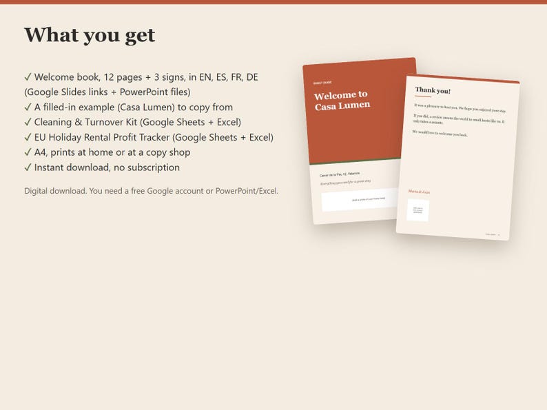 May include: A digital welcome book template set for holiday rentals, featuring a 12-page guide, 3 signs, a cleaning kit, and a profit tracker. The documents are displayed in a rust-orange and cream color scheme with text in English.