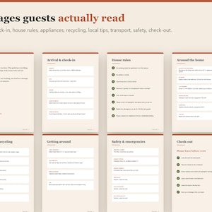 May include: A digital guest information guide featuring 12 pages with headings such as Welcome, Arrival & check-in, House rules, Around the home, Kitchen & recycling, Getting around, Safety & emergencies, and Check-out, printed in dark red and black text.