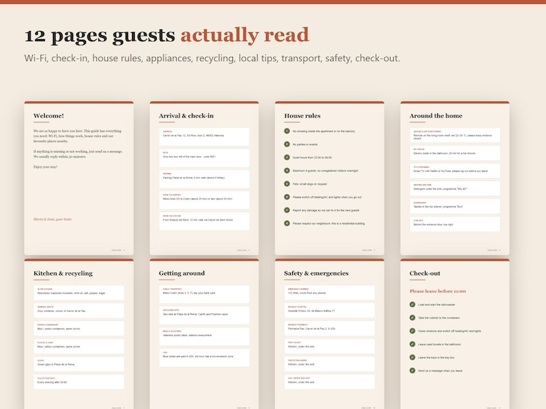 May include: A digital guest information guide featuring 12 pages with headings such as Welcome, Arrival & check-in, House rules, Around the home, Kitchen & recycling, Getting around, Safety & emergencies, and Check-out, printed in dark red and black text.